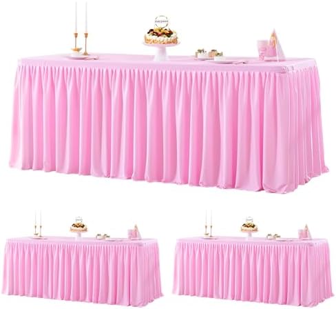 Wish Care 3 Pack Pink Polyester Table Clothes for 6 Foot Rectangle Tables, Wrinkle Free Fitted Table Cover with Pleated Ruffle Table Skirt for Party Baby Shower Wedding Birthday Event Display by WishCare