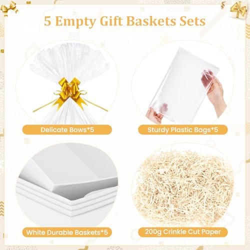 EVELOMO 5 Pack Empty Gift Baskets to Fill - 12" x 10" Large Baskets for Gifts Empty, Sturdy DIY Gifts Baskets Sets with 200g Crinkle Cut Papers for Birthdays Weddings Parties & Holidays (White) - Image 5
