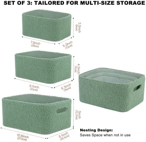 Boucle Nursery Storage Baskets Set of 3, Decorative Nesting Fabric Bins for Shelves, Changing Tables, Dressers and Closets, Baby Toys, Diapers, Clothes, Books, Blankets, Sage Green - Image 4
