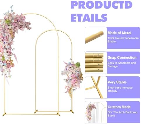 Wedding Arch Backdrop Stand Set of 2 Aluminum Gold Arched Frame (7.2FT, 6.6FT) for Birthday Party Bridal Baby Shower Ceremony Decoration - Image 5