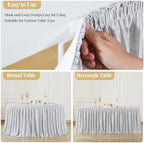 Wish Care 14ft Silver Satin Table Skirt for Rectangle Tables Wrinkle Free Teacher Desk Skirt Glitter Ruffle Table Skirting Cloth for Back to School Classroom Office Dorm Birthday Party Table Decor - Image 4
