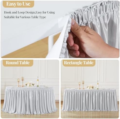 Wish Care 21ft Silver Satin Long Table Skirt for Rectangle Tables Wrinkle Free Teacher Desk Skirt Glitter Ruffle Table Skirting Cloth for Back to School Classroom Office Birthday Party Table Decor - Image 4