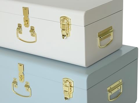 Vixdonos Decorative Large Metal Box Storage Trunk Chest Set of 2 College Dorm Organizer with Hardware Hasps and Handle for Home Deocr,23.7X14.2X9.5 Inches(White and Blue) - Image 3