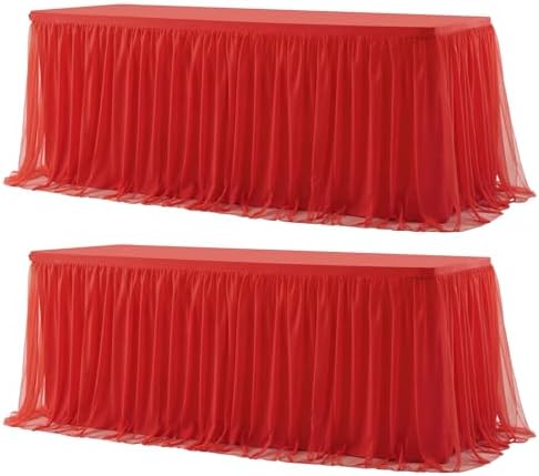 2 Pack 8ft Red Table Cloths Rectangle Tulle Tablecloth Fitted Red Tablecloths for 8 foot Rectangle Tables Spandex Table Covers for Parties Wedding Birthday Buffet Banquet Desk Tables Skirt by HBBMAGIC