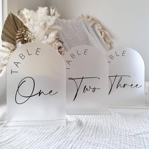 Frosted Arch Wedding Table Numbers 1-30 with Stands, 5x7 Inch Frosted Arch Acrylic Sign with Black Letters, Arched Acrylic Table Numbers for Wedding Reception by JINMURY