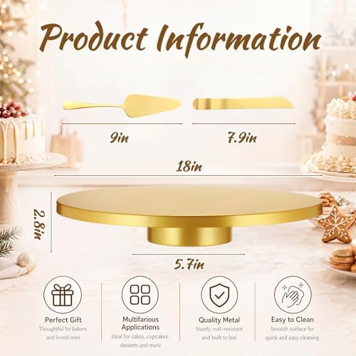 Wenqik 18 Inch Metal Cake Stand with Cake Knife and Spatula, Round Dessert Table Display Stand Metal Dessert Tray Serving Platter for Party, Wedding, Birthday, Baby Shower, Anniversary(Gold) - Image 2
