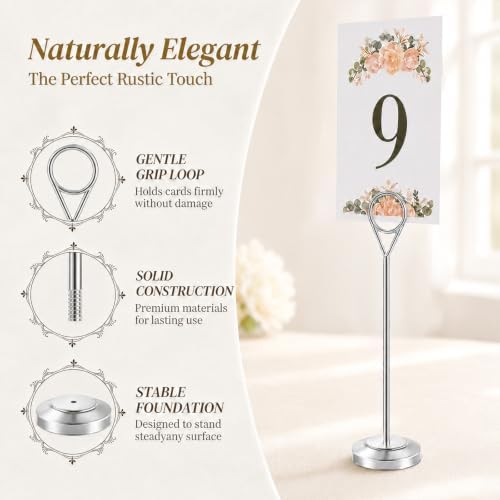 Radezon 12 Pack Silver Table Number Holders, 8inch Weighted Base Place Card Holders for Outdoor Wedding, Windproof Sturdy Metal Photo Stands for Reception Tables, Parties & Events - Image 3