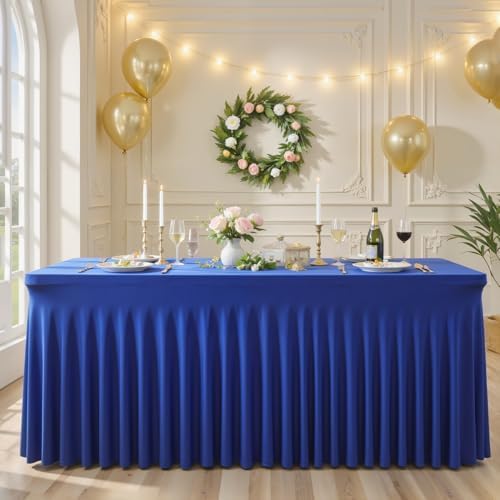 Royal Blue Table Cloth for 6 Foot Rectangle Tables Fitted Stretch Spandex Table Cover with Skirt 6ft Baby Shower Birthday Party Banquet Ruffle Tablecloth Wedding Table Cloths Desk Skirt, 2 Pack - Image 6