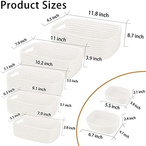 7 Piece Cotton Rope Woven Basket Set - Small Basket for Baby Nursery, Pets, Montessori, Dog & Cat Toy Boxes, Bathroom Organization Bins (White) - Image 2