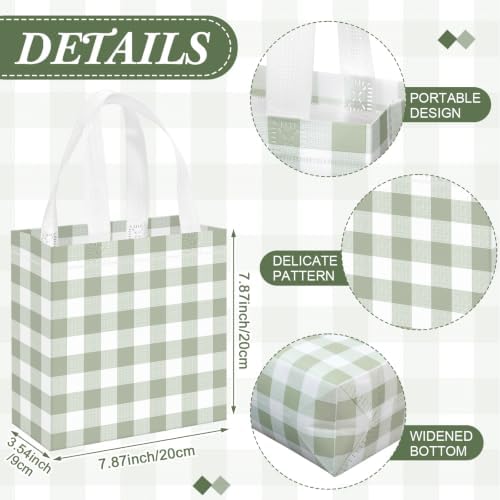 Lingvee 50 Pack Gingham Gift Bag Bulk Sage Green and White Theme Plaid Reusable Tote Bags with Handle Non Woven Candy Bags for Checkered Themed Birthday Baby Shower Party Decorations Supplies - Image 2