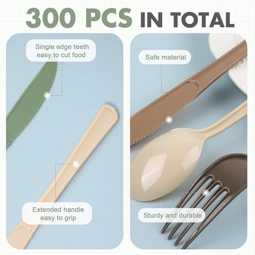 Kochorie 300 Pieces Woodland Plastic Silverware, Disposable Plastic Utensils, Heavy Duty Cutlery Set Heavyweight Flatware Includes Spoons Forks Knives for Birthday Wedding Forest Party Supplies - Image 3