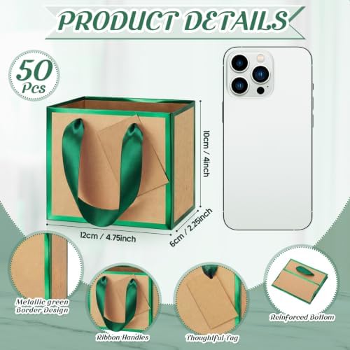 Yeaqee 50 Pcs Mini Metallic Paper Gift Bags with Handle, Kraft, Green - Image 2