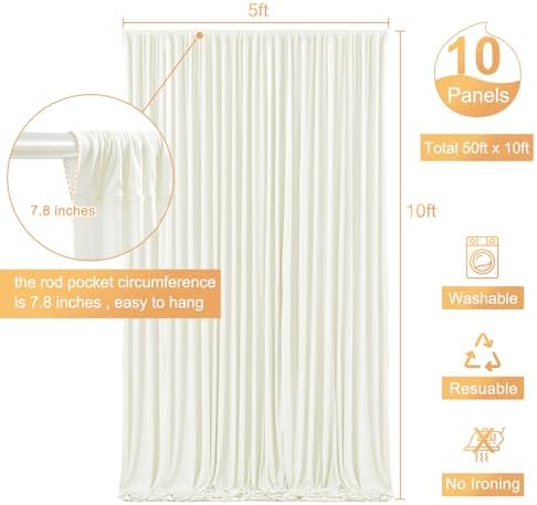 50ft x 10ft Ivory Backdrop Curtain for Wedding Ivory Wrinkle Free Backdrop Drapes Panels for Parties Baby Shower Bridal Shower Birthday Photo Photography Polyester Fabric Background Decoration - Image 5