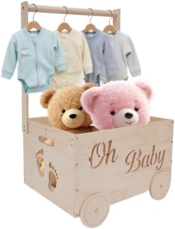 Baby Shower Gifts Baskets, Wooden Baby Closet Gifting for Newborn Boys and Girls, Wood Crate Box with Handle and Wheels, Personalized Cute Babyshower Decorations Basket for New Born by HMAZAE