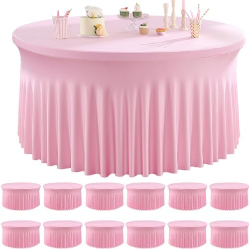 12 Pack Baby Pink Spandex Round Tablecloths for 60 inch Table, Wrinkle Free Stretchy 120inch Fitted 5FT Round Table Cloths Cover with Skirt for Wedding Party Dining Banquet Events by Htper