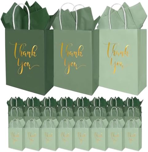 Whaline 30Pcs Sage Green Thank You Paper Gift Bags 6.3 x 3.1 x 8.7 inch 3 Colors Gold Foil Thank You Party Favor Bag with Handle 40 Sheet Tissue Paper for Wedding Birthday One Lucky Duck Gift Wrapping by Whaline