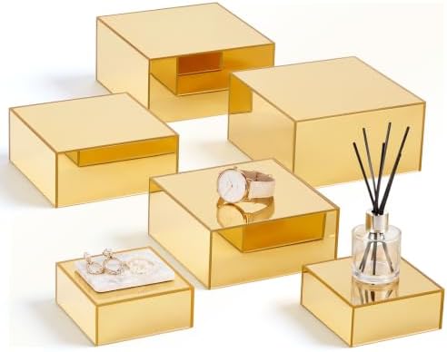 Jerify 6 Pcs Mirror Acrylic Display Risers 5.91" 5.12" 3.54", Gold Square by Jerify