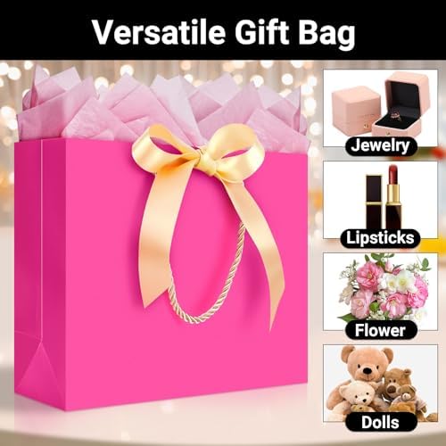 EUSOAR Gift Bag Set, 20pcs 12.5"x4.5"x11" Hot Pink Thank You Paper Gift Bags with Bow Ribbon Handle, Gift Wrap Treat Bags Bulk for Wedding Party Favors Grocery Baby Showers Bridesmaid Birthdays - Image 4