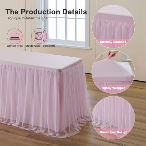 familus Pink Table Cloths 8 Foot Rectangle 4 Pack Stretch Ruffle Tulle Tablecloth Spandex Fitted Table Cover for 8 Foot Tulle Table Skirts for Party Wedding Table Cloths, Banquets - Image 4