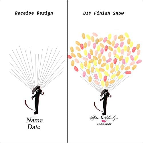 Customized Wedding Guest Book Bride and Groom with Balloons DIY Fingerprints Guest Sign in Book Canvas Painting with Wooden Hanger for Anniversary Gift-80x120cm - Image 3
