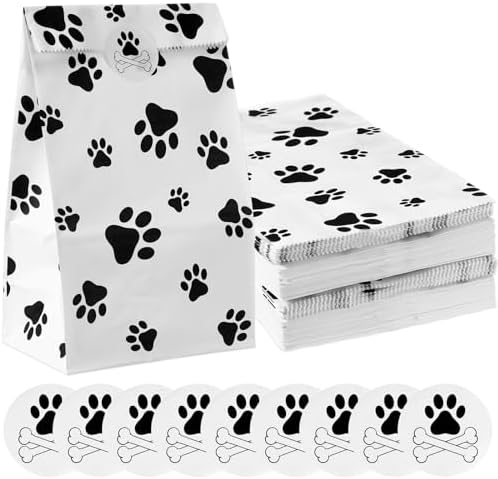 Meanplan 200 Pcs Paper Paw Bags with Footprint Paper Dog Treat Bags Bulk for Lunch Snacks Bread Candy Sandwich Popcorn Cookies Food Party Favors (White) by Meanplan