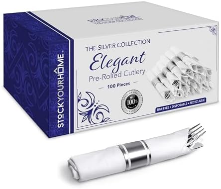 400 Pieces Pre Rolled Silver Plastic Cutlery Set, Individually Wrapped Plastic Silverware Set with 100 Forks, 100 Knives, 100 Spoons, 100 Napkins, Utensils for Weddings, Service for 100 Guests by StockYourHome