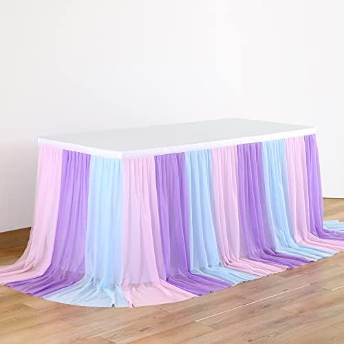Mermaid Tulle Table Skirt Blue Pink Purple Striped Table Skirts for Rectangle Tables Frozen Baby Shower Mermaid Birthday Parties Decoration 14ft - Image 6