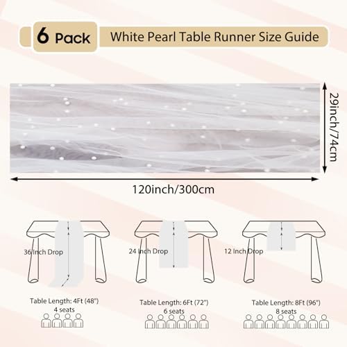 Set of 6 Pearl Table Runner 10ft, 29 * 120 Inch White Table Cloth Pearl Sheer Tulle Table Cover,Table Runner for Wedding Party Baby Shower Birthday Home Decor - Image 2
