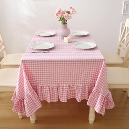 Pink White Gingham Ruffled Table Cloth Rectangular 70"x52" by KMASANIJI