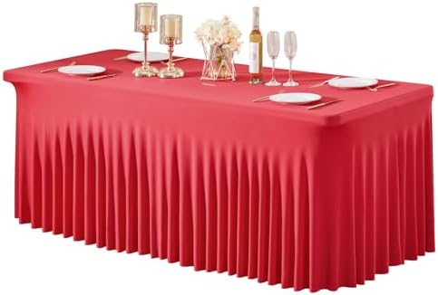 1 Pack Red Table Clothes for 8 Foot Rectangle Tables, Wrinkle Resistant Stretch Spandex Table Covers Fitted Tablecloth with Skirt for Valentines Wedding Birthday Party Event Banquet by PartyTalk