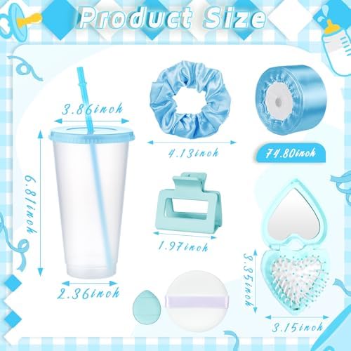 Teenyyou 6 Sets Baby Shower Game Gifts for Players Baby Shower Favors Tumbler Hair Comb Powder Puff Hair Claw Gift Bag Thanks Tags for Wedding Bridal Favors Party Guests (Blue) - Image 2