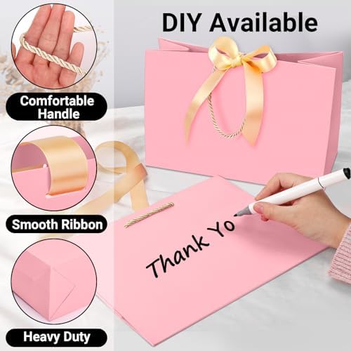 EUSOAR Gift Bags with Ribbon, 50pcs 16""x6""x12"" Thank You Gift Paper Bags with Bow Ribbon Handle, Large Shopping Party Favor Gift Treat Candy Bags Bulk for Wedding Baby Shower Guests Bridal, Pink - Image 3