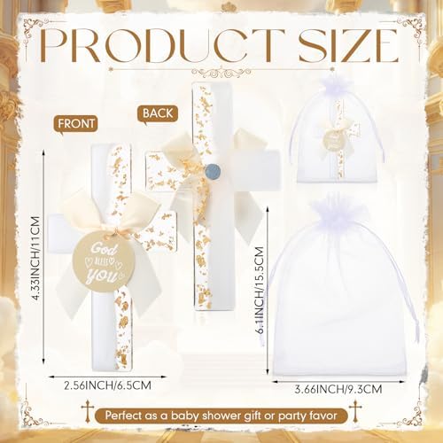 Ripeng 24 Sets Baptism Favors for Guests Bulk First Communion Favors Cross Fridge Magnets Gold Foil Cross with Bow God Bless You Tag Bags Mi Bautizo Recuerdos for Birthday Wedding Church(White) - Image 2
