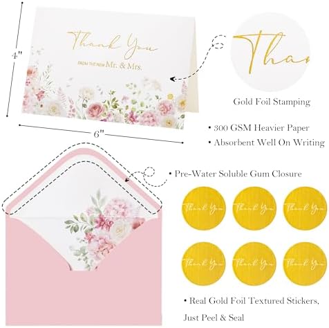 Crisky Pink Floral Wedding Thank You Cards with Envelopes & Stickers From Mr & Mrs, 100 Pack Gold Foil Eucalyptus Leaves Thank You Greeting Note Cards Bulk for Bridal Shower - Image 6