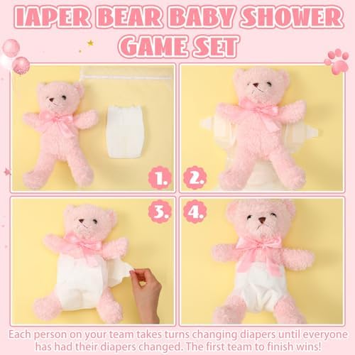 Seenelling 6 Sets Bear Diaper Changing Baby Shower Game Kit, Pink - Image 2