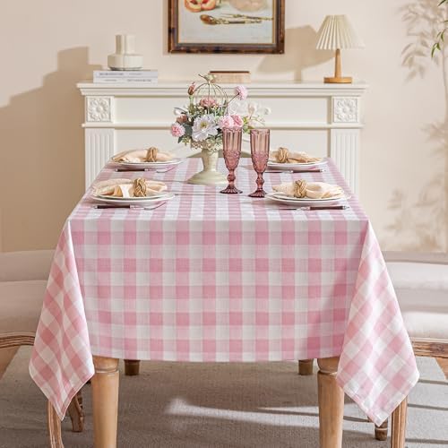 Gingham Tablecloth Rectangle Table, Cotton Linen Fabric Picnic Checkered Table Cloth Farmhouse Washable Wrinkle Free Buffalo Plaid Table Cover for Outdoor Birthday Party, Pink, 60x120 - Image 3
