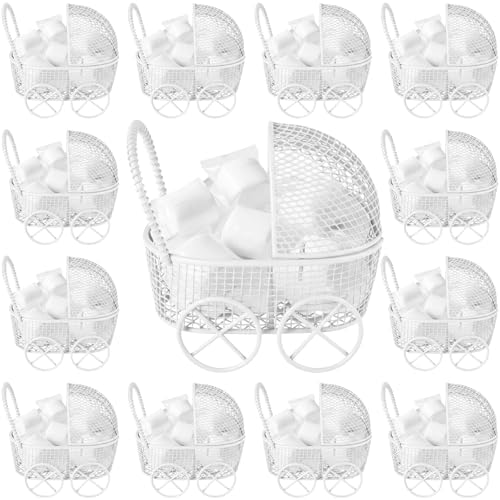 Threehoney 24 Pcs Baby Shower Mini Carriage Decoration White Goose Color Metal Wired Fillable Candy Stroller Baby Shower Table Centerpiece for Guest Gender Reveal Wedding Party Favor Gift by Threehoney