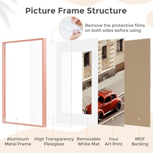 FLYJOE 11x14 Picture Frame -11x14 Metal Picture Frame With Mat For 8x10 | 14x11 Frame Aluminum | Plexiglass And Hanging Hardware Included | 11 by 14 Poster Frame, Set of 3, Rose Gold - Image 5