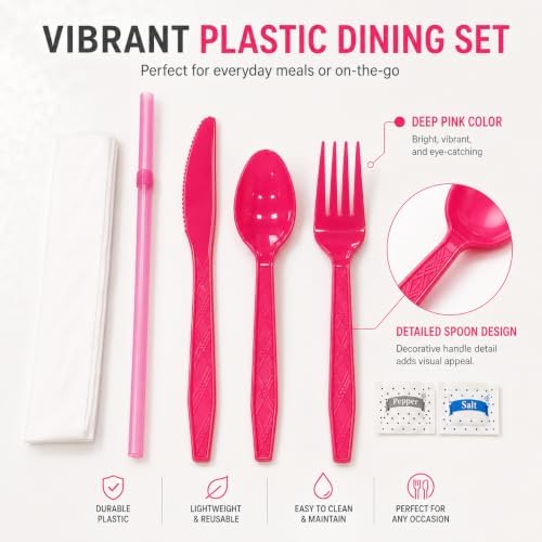 KitchenDine Pink Plastic Silverware Individually Wrapped — 100 Pack Heavy Duty Disposable Cutlery Set with Napkin, Fork, Knife, Spoon — Wrapped Utensils for Baby Shower, Birthday Party, Wedding, To Go - Image 3