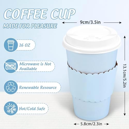 Whaline 100 Pcs Light Blue Disposable Coffee Cups with Lids and Sleeves 16 Oz Insulated To Go Paper Cups for Winter Home Restaurant Travel Wedding Birthday Baby Shower Party Supplies - Image 2