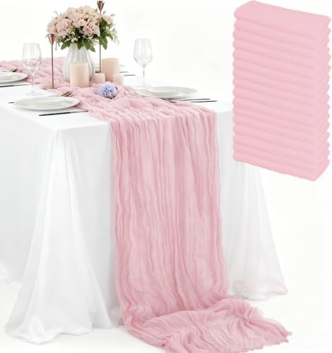 16 Pack Light Pink Cheesecloth Table Runner 10FT Boho Gauze Cheese Cloth Table Runner Vintage Rustic Sheer Table Runners for Wedding Bridal Baby Shower Birthday Party Table Decorations by Zrlljp