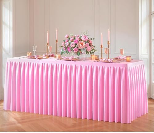 Pink Polyester Table Cloths for Rectangle 8 Foot Tables, 1 Pack Wrinkle Free Tablecloths Stretchy Banquet Ruffle Fitted Table Cover Desk Skirt for Parties Wedding Birthday Baby Shower by Unknown