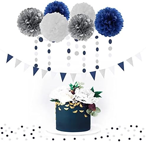 Navy Blue White Silver Party Decorations Kits 27pcs-Paper Flowers,Banner Flags,Tassel Garland Birthday Bachelorette Boy Baby Shower Gender Reveal Graduation 2022 Decorations Lasting Surprise - Image 7