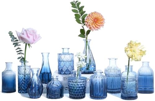 UPBUD Glass Blue Bud Vases Set of 12, Mini Vases for Flowers by UPBUD
