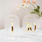 UNIQOOO Frosted Arch Wedding Table Numbers with Stands 1-30, Gold Foil Printed 5x7 Acrylic Display Signs and Holders, Pack of 30, Perfect for Centerpiece, Reception, Decoration, Party, Anniversary, Event by UNIQOOO