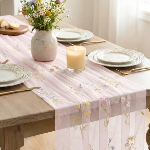 Artoid Mode 6PC Floral Light Pink Embroidery Table Runner 120 Inch 10FT - Image 4