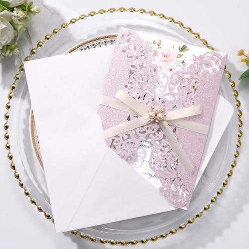 Glitter Purple Pink Wedding Invitations with RSVP and Envelopes Blank 50pcs - Image 3