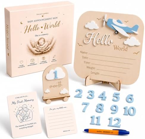 Baby Announcement Sign – Monthly Milestone Signs - Gift Registry By Name, 3D Wooden Baby Welcome Sign with Dreamy Sky Adventure Details, Monthly Keepsake Numbers, Baby Room Décor, Forever Keepsake by Unknown