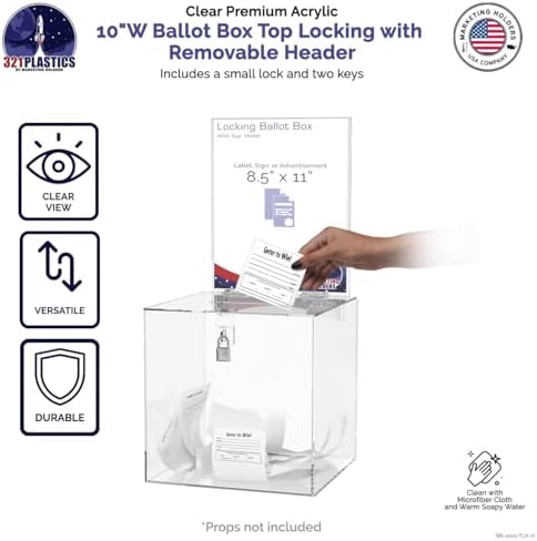Marketing Holders 10 Inch Locking Ballot Box with Removable 8.5" x 11" Header Sign Holder Clear Acrylic Cube Donation Bin - Image 3