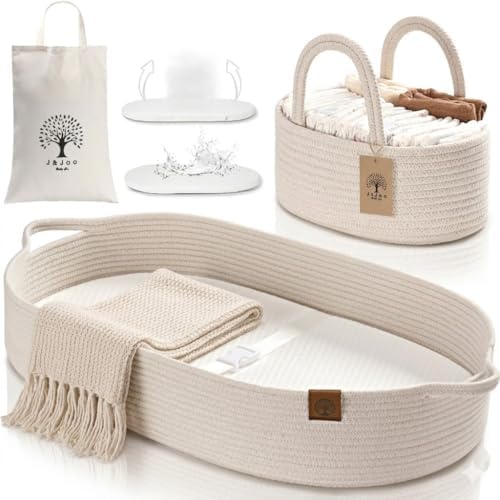 Baby Changing Basket Includes Diaper Caddy - Soft & Waterproof Dual-Cover, Portable, Changing Pad for Dresser & Changing Table, Gift for Baby Shower, Organic Cotton Rope by JJOOBabyCo
